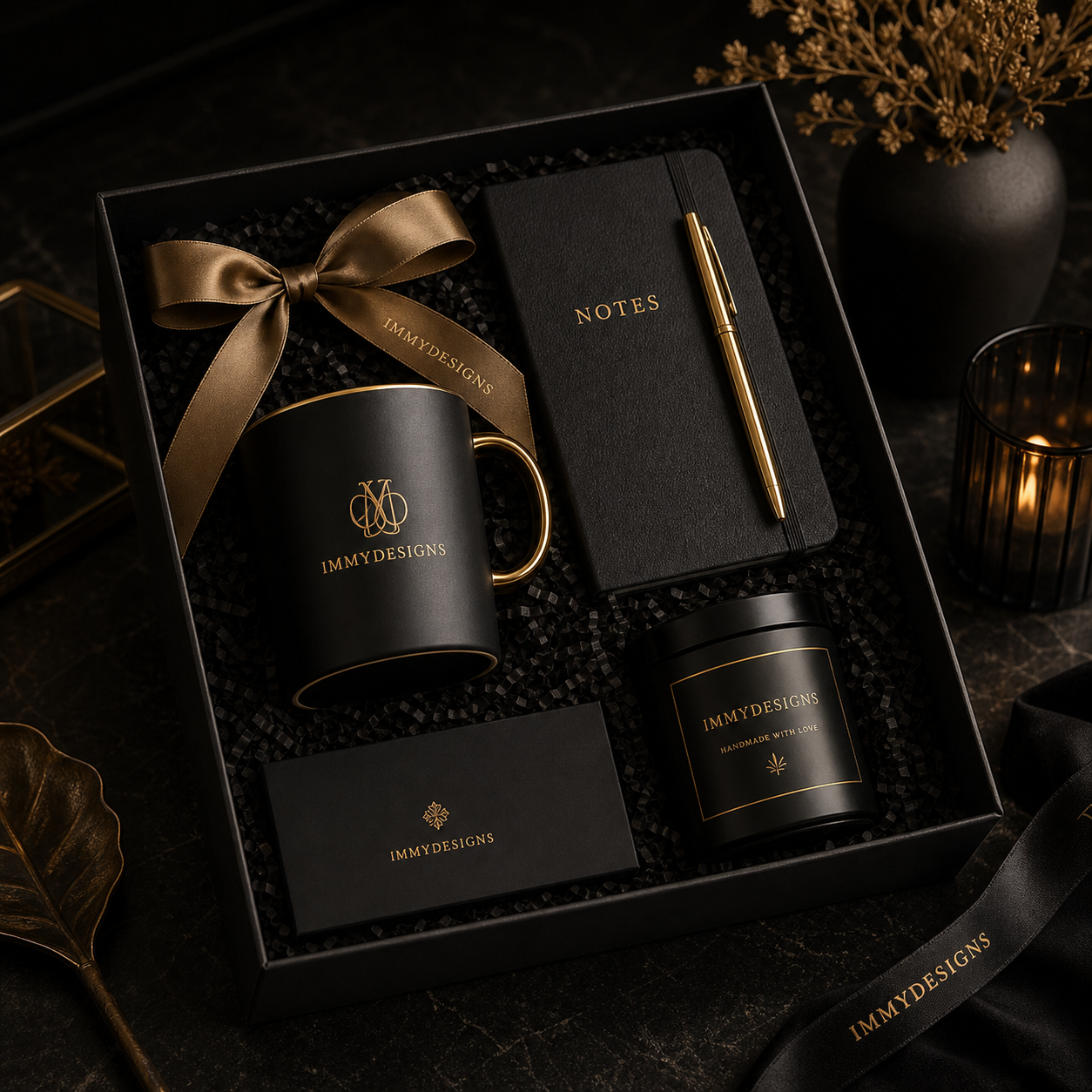 Executive presentbox med kopp, anteckningsbok, penna och ljus